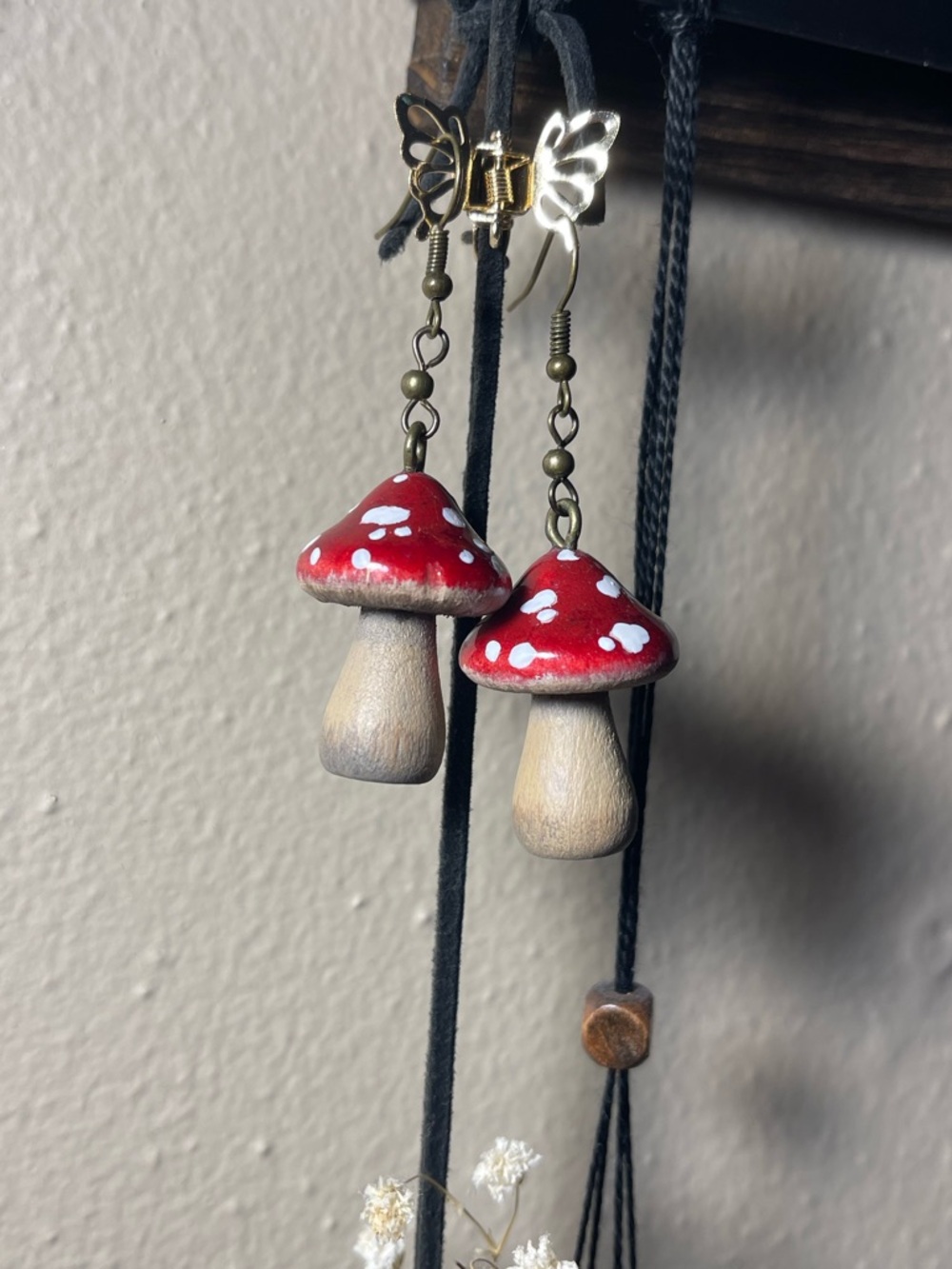 Wooden Mushroom Dangle Earrings - Red Cap